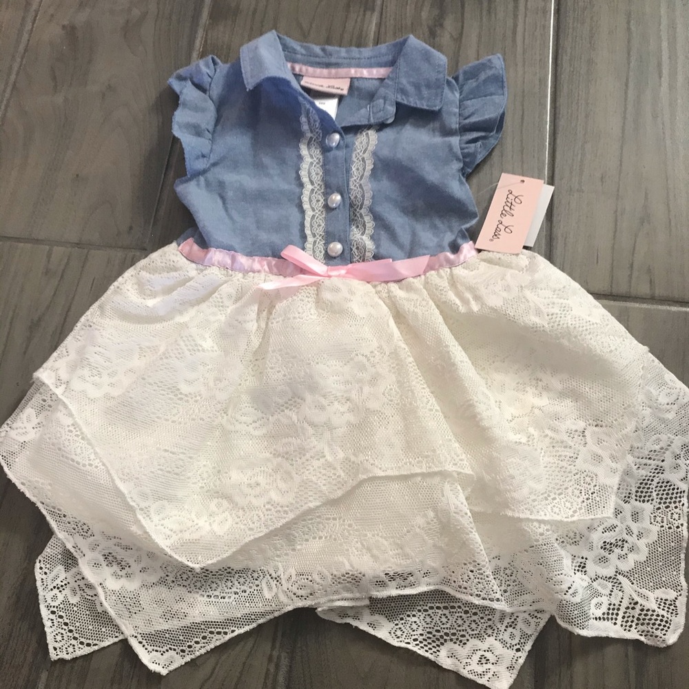 🆕 Little Lass Baby Girls Denim and Lace Dress